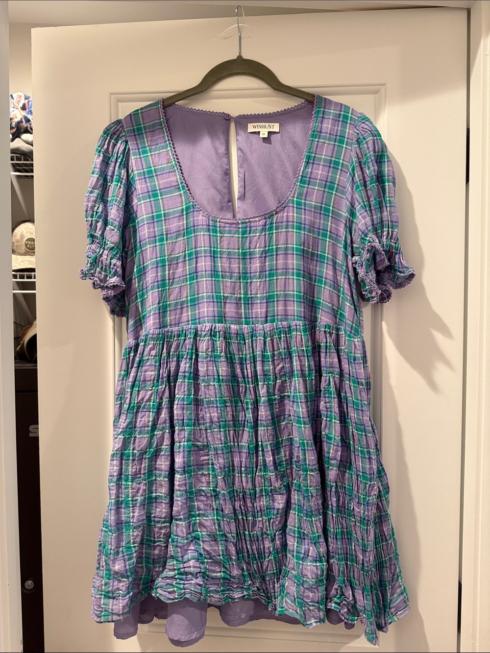 Wishlist Lavender Plaid Puff-Sleeve Casual Dress